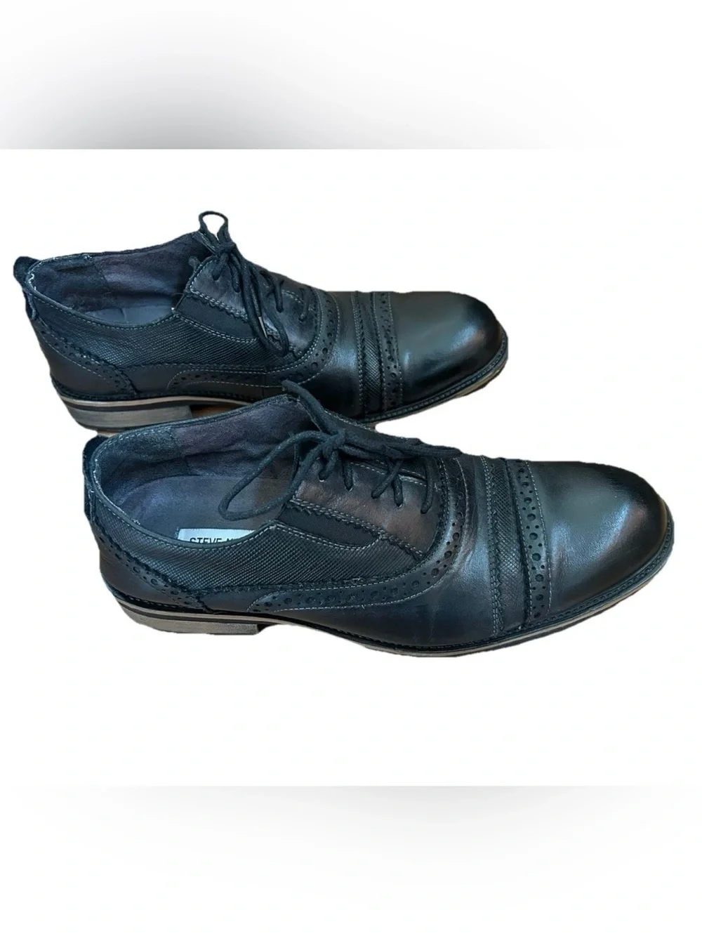Steve Madden Mens Spanner Black Leather Brogue Oxfords, Lug Sole, Wood Accent 11